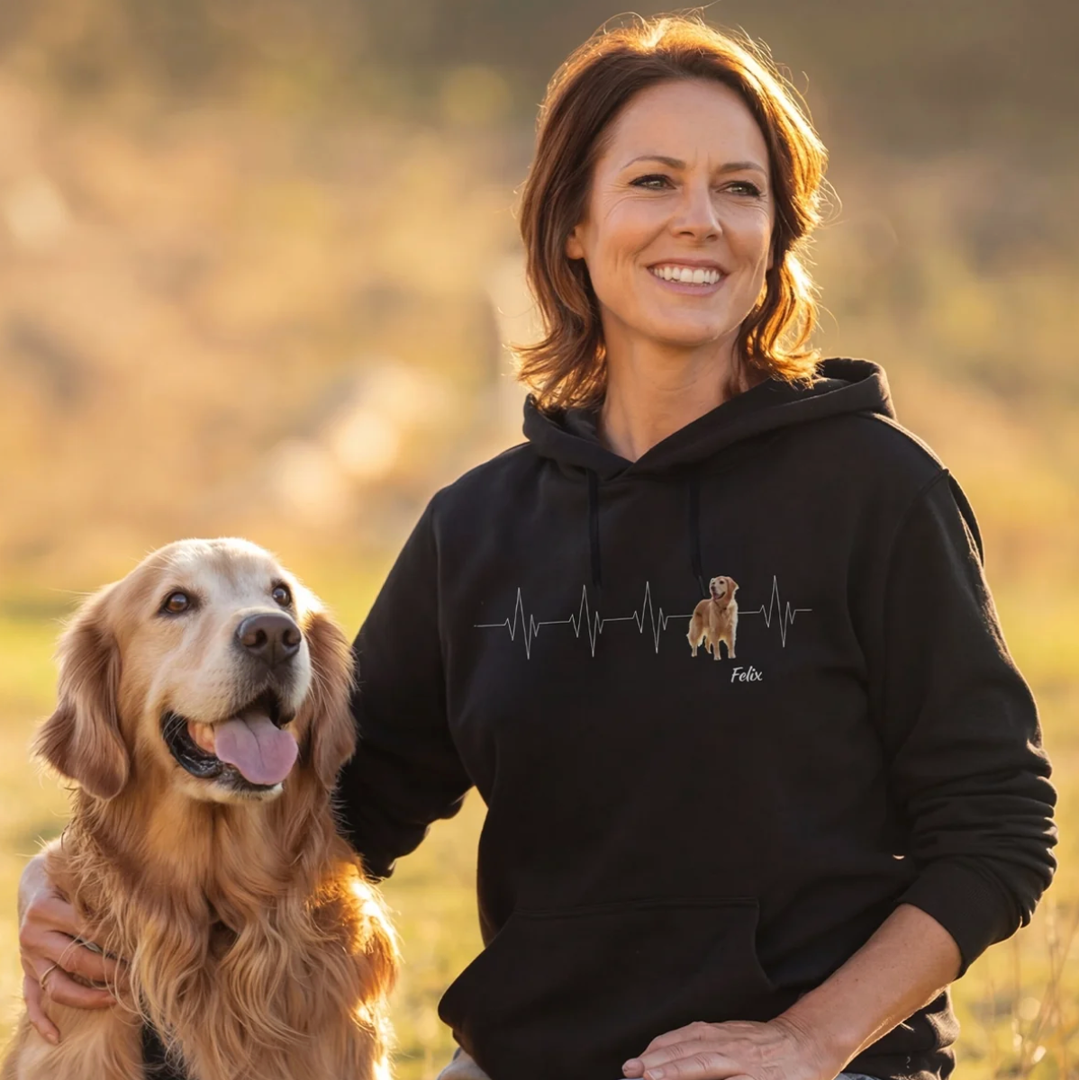 Sudadera con capucha negra con motivo de latido y golden retriever, personalizada con el nombre "Felix".