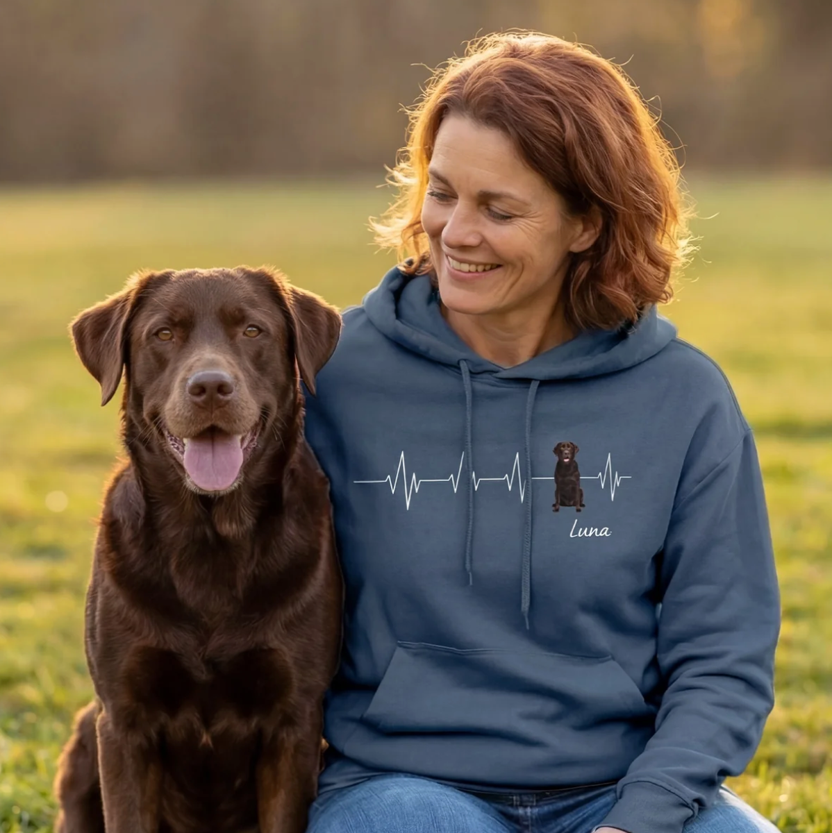 Sudadera con capucha azul personalizada con motivo de latido y foto de perro. Mujer sentada con perro en el césped.
