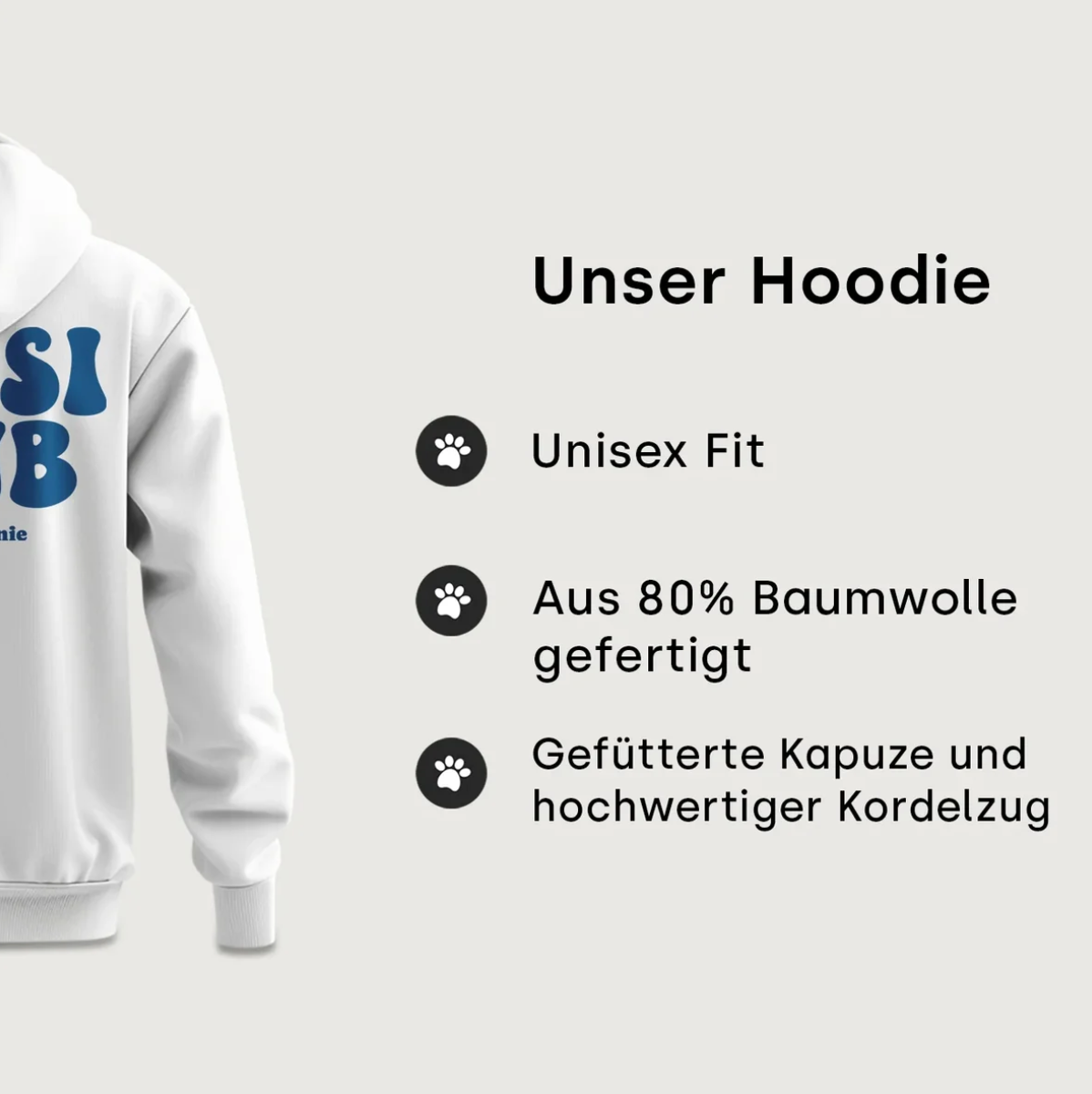 Sudadera con capucha blanca con el texto azul "Gassi Club", corte unisex, 80% algodón, capucha forrada.