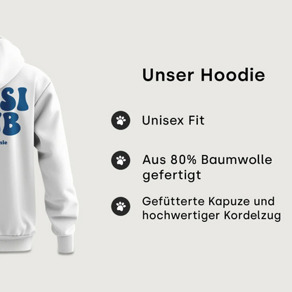Sudadera con capucha blanca con el texto azul "Gassi Club", corte unisex, 80% algodón, capucha forrada.