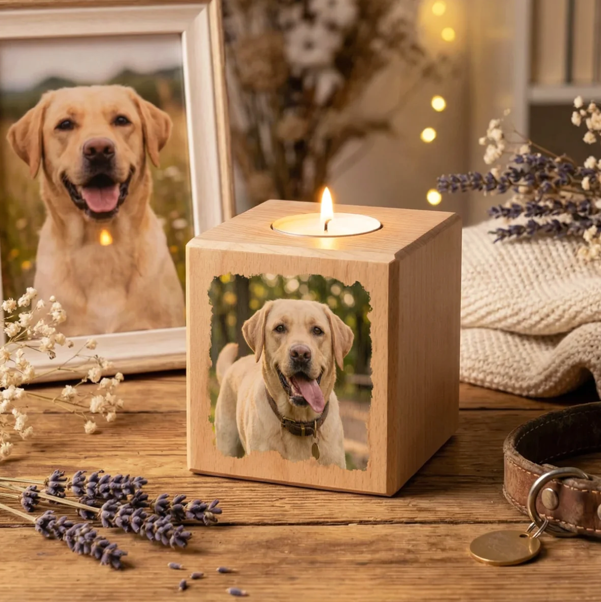 Cubo de vela de madera con foto de un perro. Vela encendida, rodeada de lavanda y un marco de fotos.