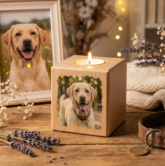 Cubo de vela de madera con foto de un perro. Vela encendida, rodeada de lavanda y un marco de fotos.