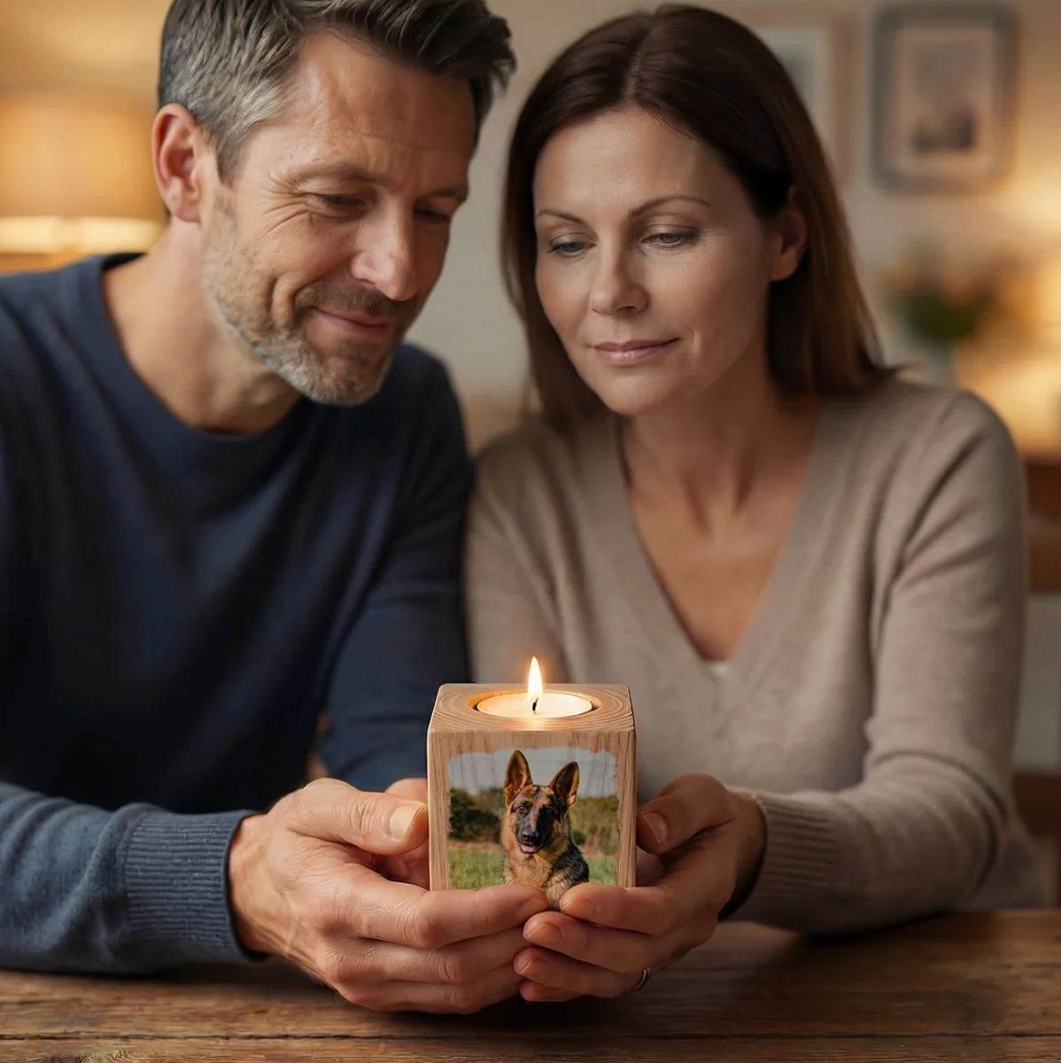 Personas sosteniendo juntas un cubo de vela de madera personalizado con foto y vela encendida arriba.