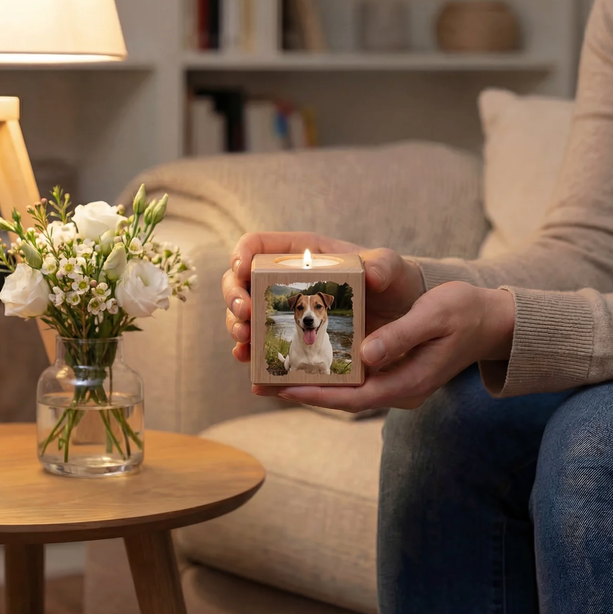 Cubo de vela de madera personalizado con foto de perro, encendido y sostenido en la mano.