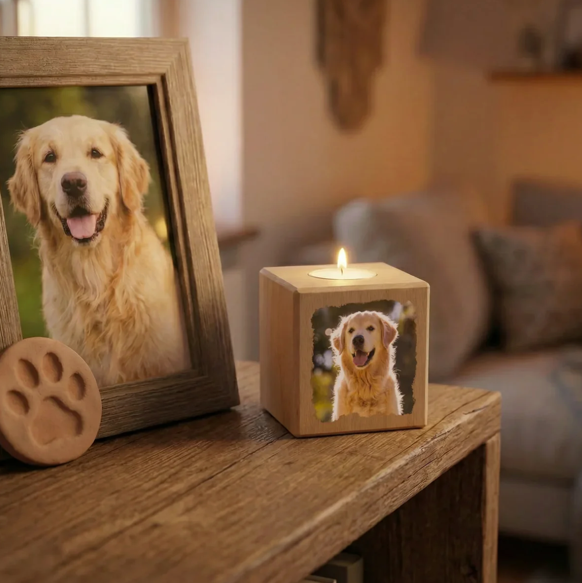 Cubo de vela de madera personalizado con foto de perro, vela de té arriba, color madera.