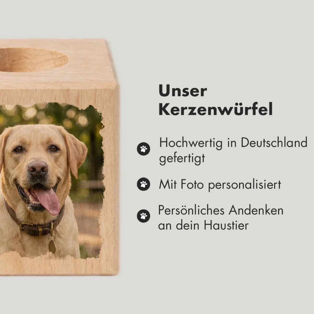 Cubo de vela de madera personalizado con foto de perro, fabricado en Alemania.