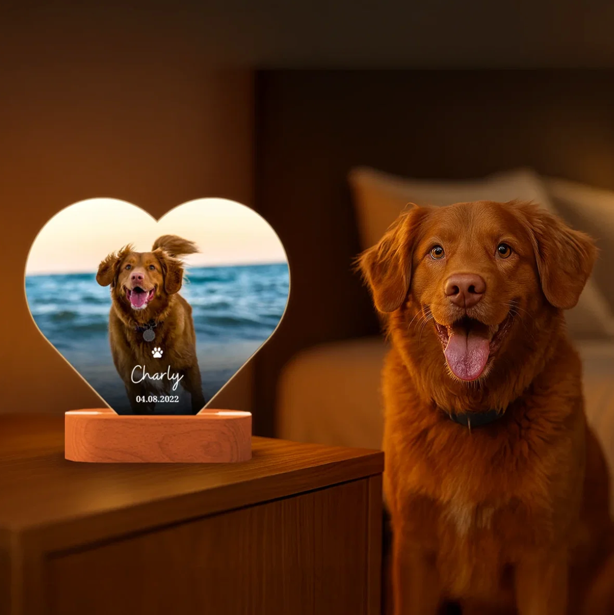 Lámpara de noche LED en forma de corazón con foto de perro personalizada y texto sobre base de madera.