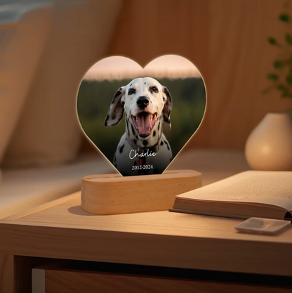 Lámpara de noche LED en forma de corazón con foto de un dálmata, personalizada con nombre y años sobre base de madera.