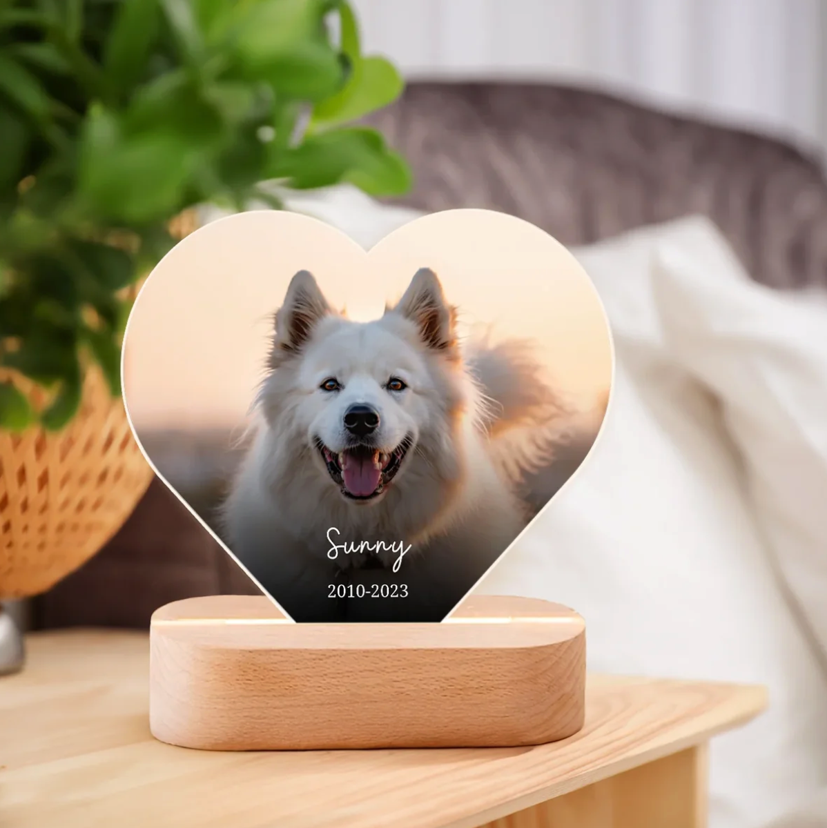 Lámpara de noche LED personalizada en forma de corazón con foto de perro, montada sobre base de madera.