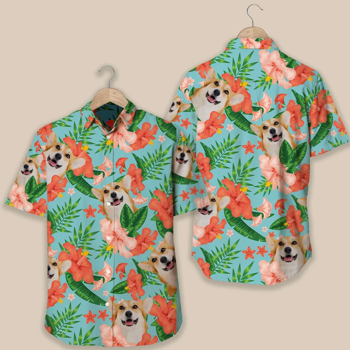 Camisa hawaiana personalizada con colorido diseño floral y motivo de perro, de material ligero.