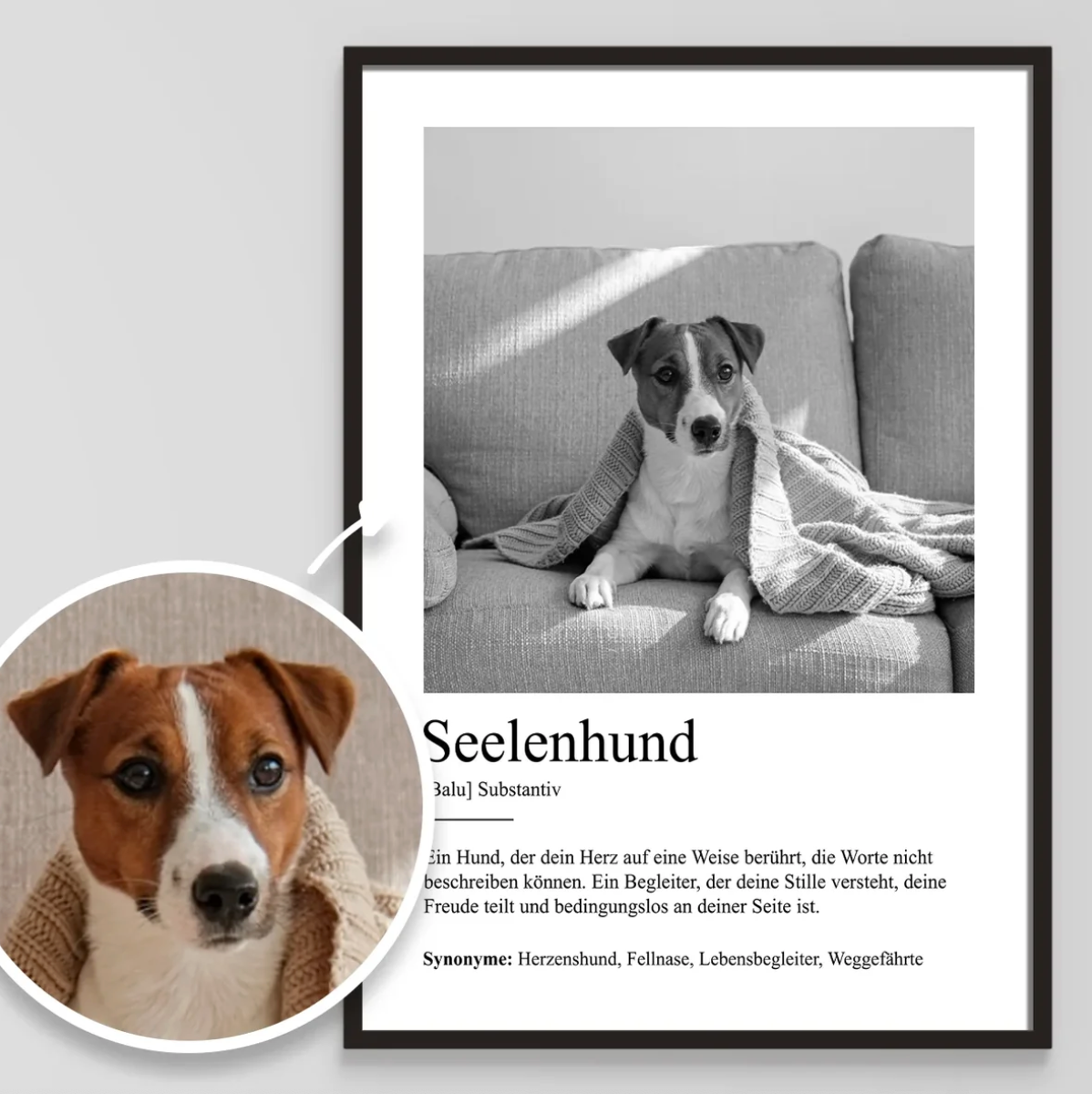 Póster personalizado con la definición de alma gemela animal y una foto de perro al fondo.