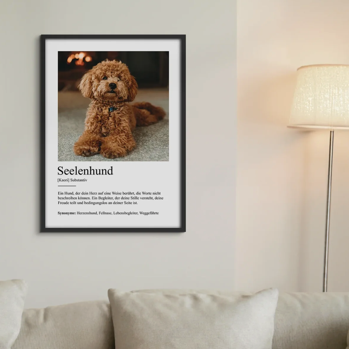Póster personalizado con la definición "Seelenhund" y foto de un perro en un marco negro.
