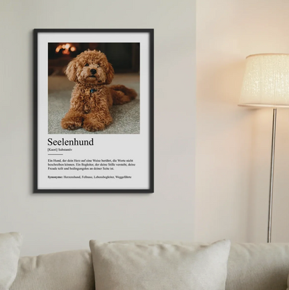 Póster personalizado con la definición "Seelenhund" y foto de un perro en un marco negro.