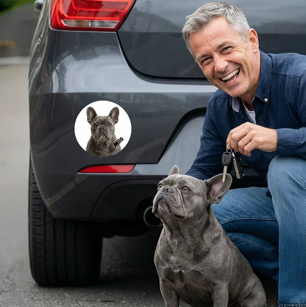 Pegatina de coche personalizada con imagen de perro en un coche gris, junto a un hombre sonriente con un perro.