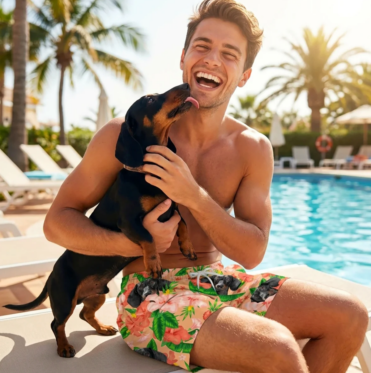 Hombre con perro negro sentado junto a la piscina, con bañador colorido de flores y perros.