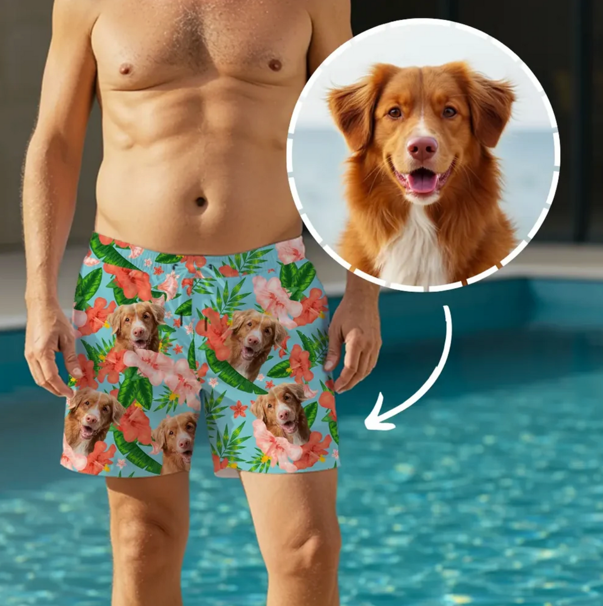 Bañador personalizado con colorido diseño floral y motivo de perro sobre fondo azul.