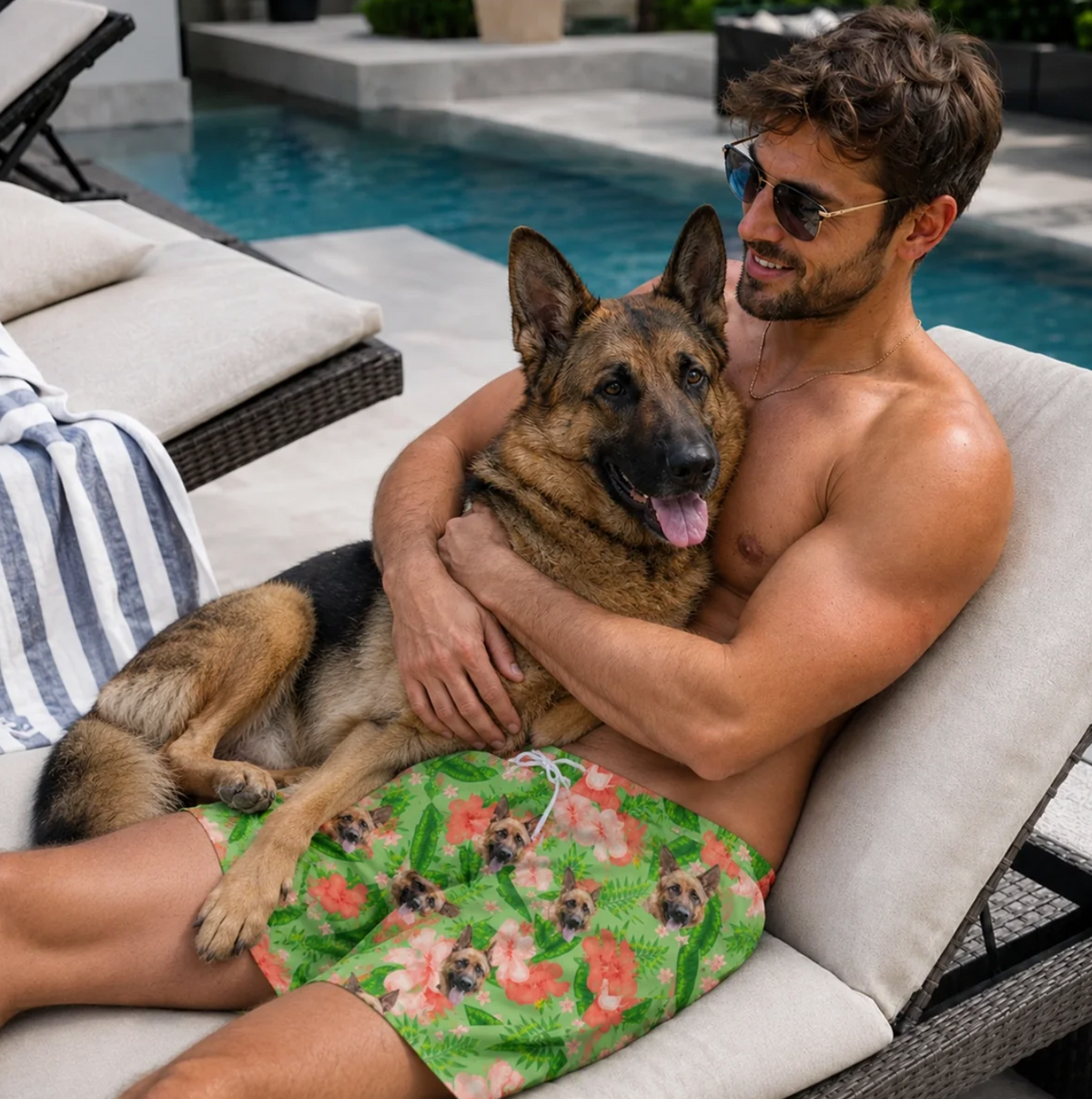 Persona sentada en una tumbona junto a la piscina con bañador personalizado con perros sobre fondo verde.