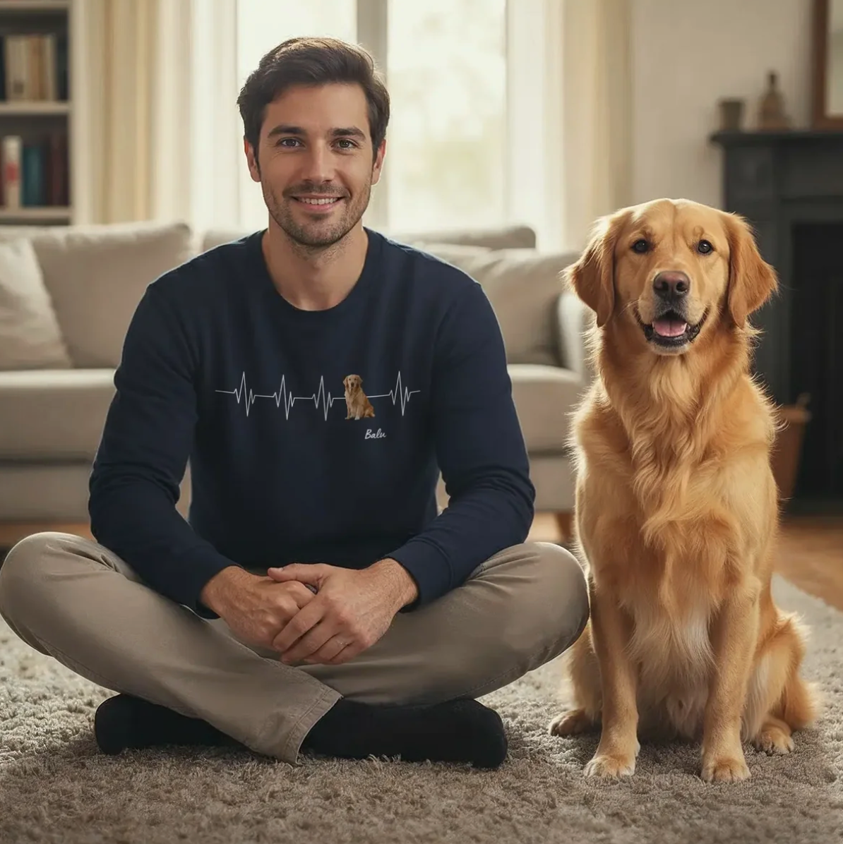 Hombre sentado en la alfombra del salón con sudadera negra con motivo de latido, a su lado un golden retriever.
