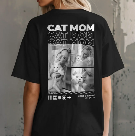 Camiseta negra con el texto "Cat Mom" y fotos de gatos y una mujer en la espalda.