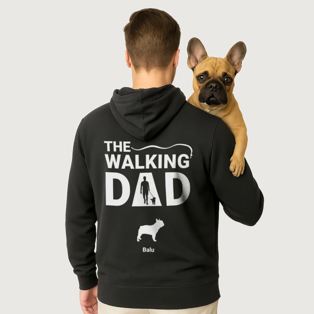 Sudadera con capucha negra con el texto "THE WALKING DAD" y un motivo de perro en la espalda.