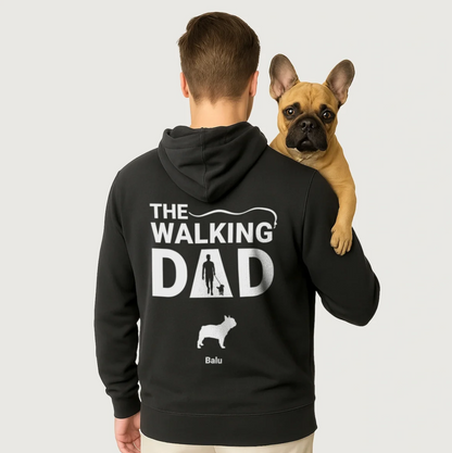 Sudadera con capucha negra con el texto "THE WALKING DAD" y un motivo de perro en la espalda.