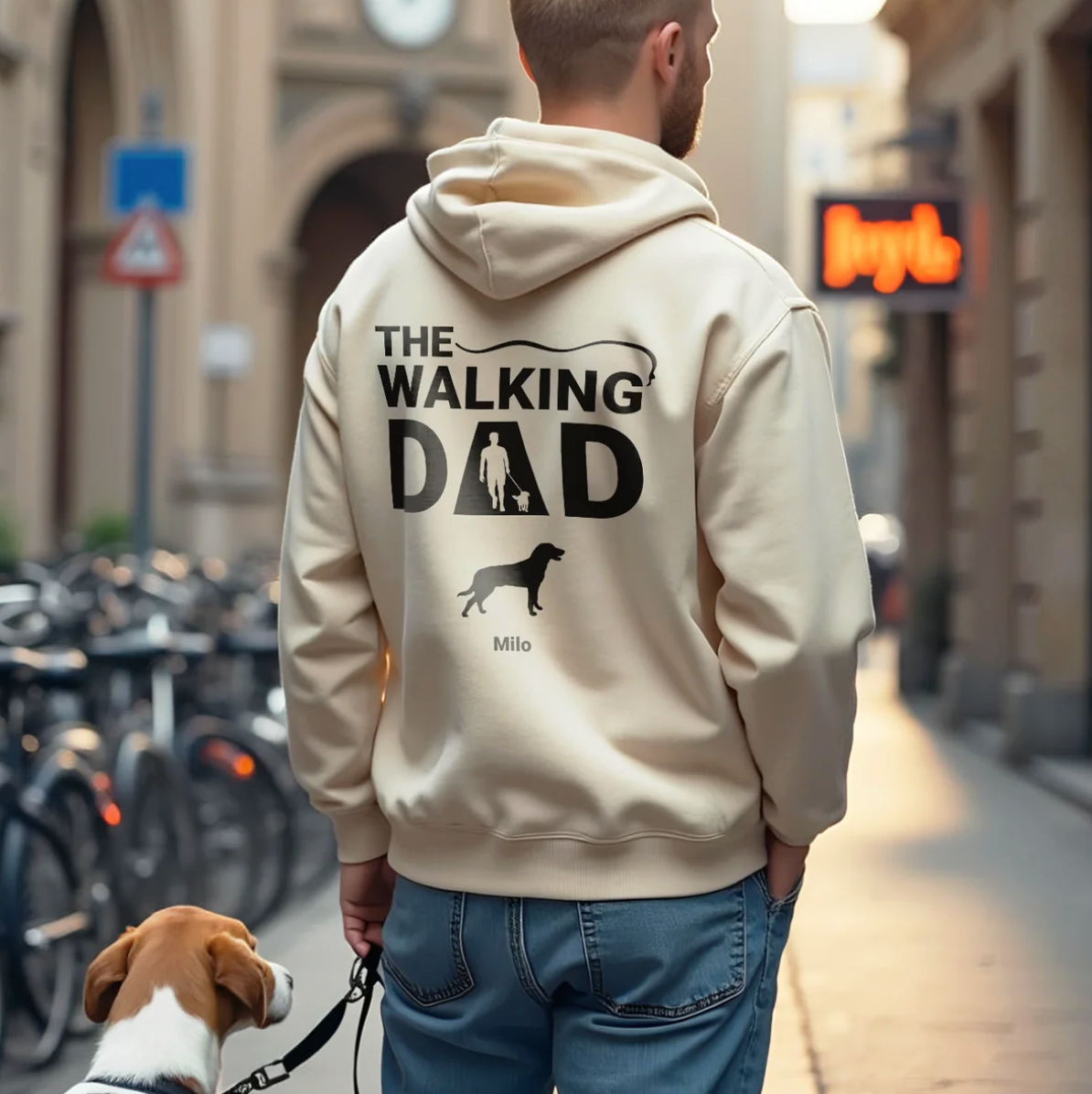 Sudadera con capucha beige con el texto "THE WALKING DAD" y motivo de perro, ideal para padres de perros.