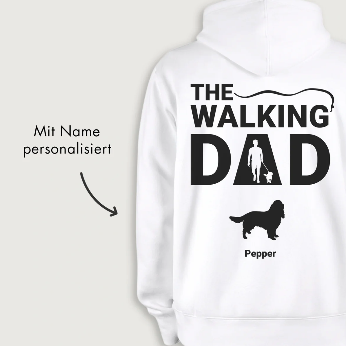 Sudadera con capucha blanca con gráfico "THE WALKING DAD" y nombre personalizable.