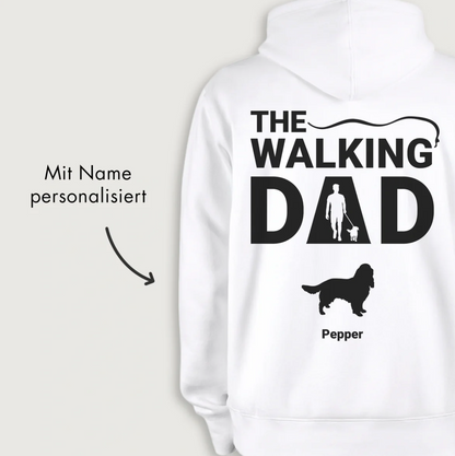 Sudadera con capucha blanca con gráfico "THE WALKING DAD" y nombre personalizable.