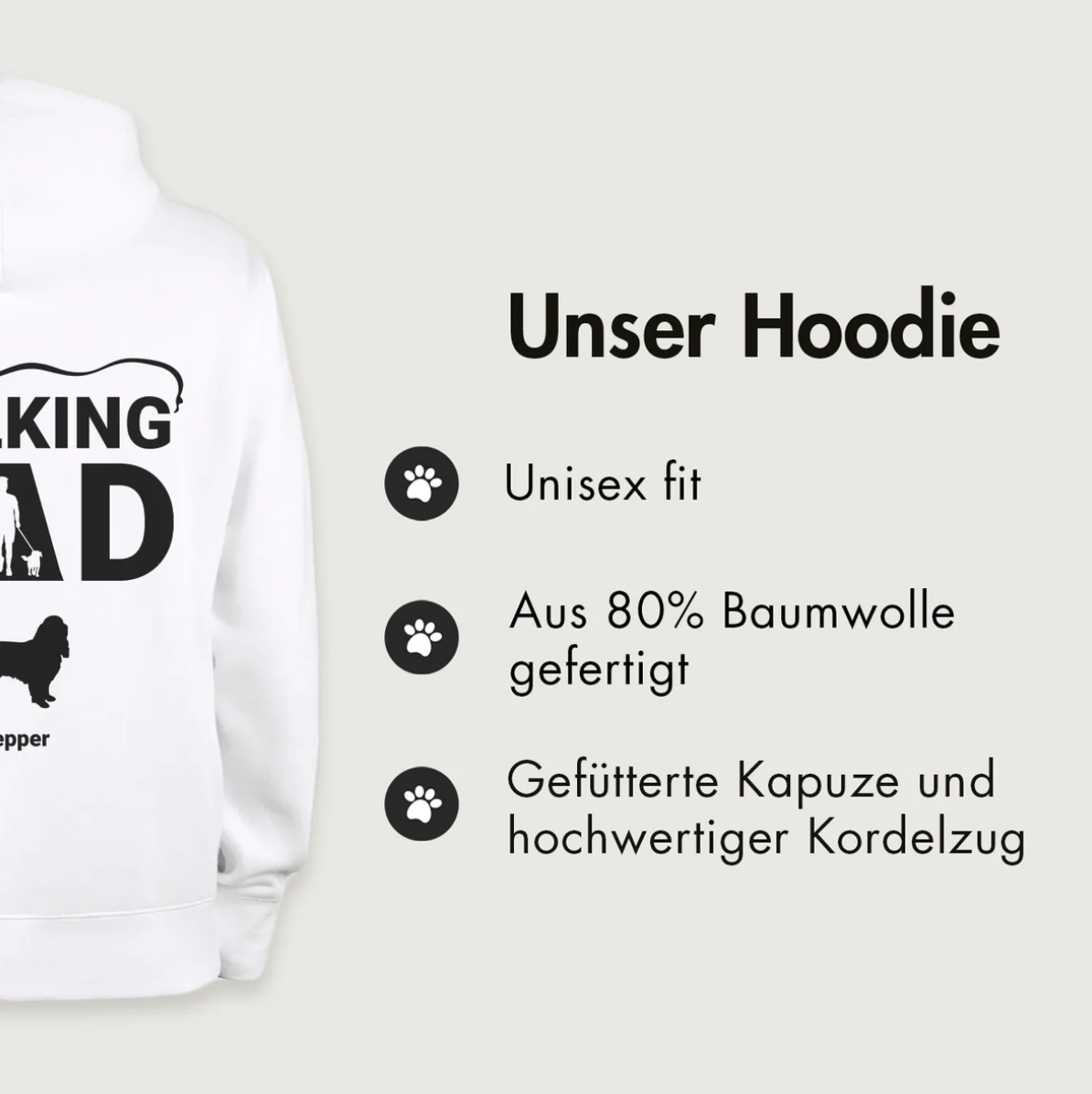 Sudadera con capucha blanca con el texto "The Walking Dad", 80% algodón, corte unisex, capucha forrada.