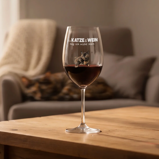 Copa de vino personalizada con el texto "Zu Katze & Wein sag ich nicht Nein" y vino tinto.