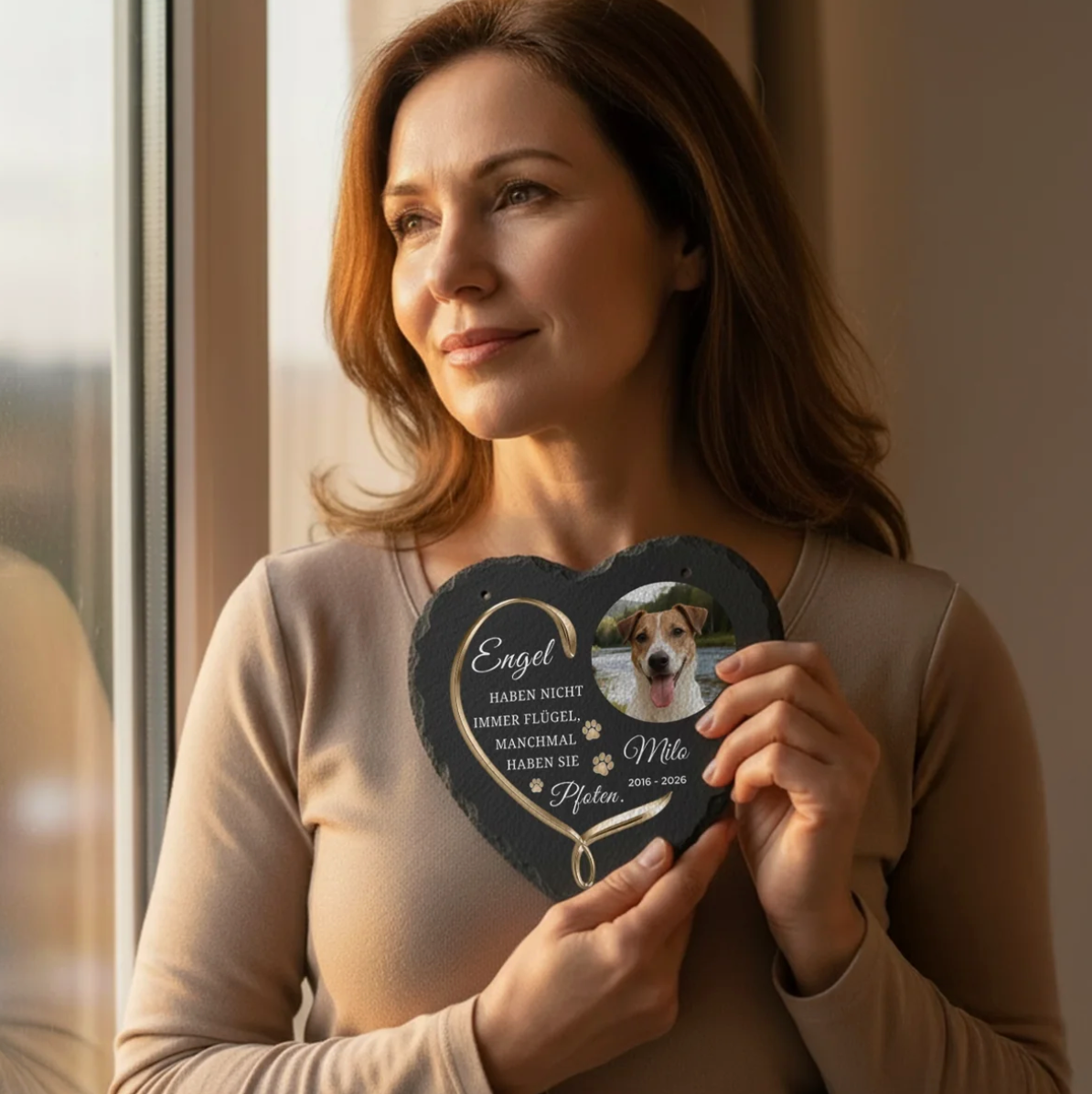 Placa de pizarra en forma de corazón personalizada con inscripción y foto de perro, sostenida por una mujer.