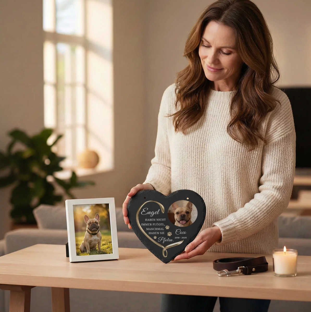 Corazón de pizarra personalizable con foto y texto, negro, sostenido por una mujer. Decoración sobre una mesa.