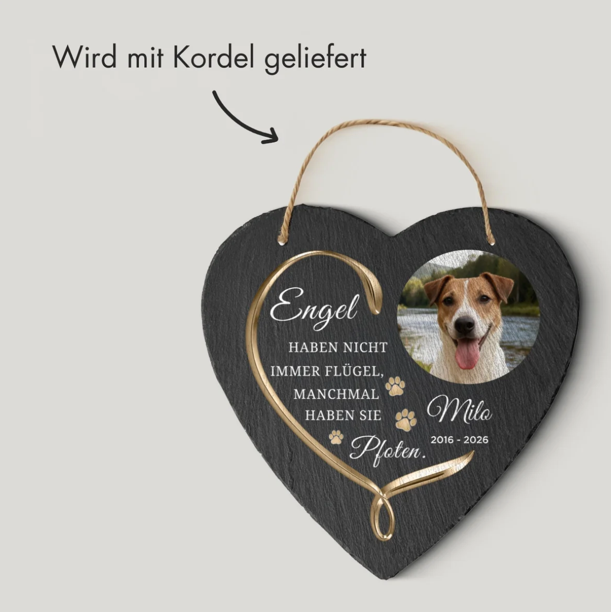 Placa fotográfica de pizarra en forma de corazón personalizada con inscripción y cordón, color pizarra oscuro.