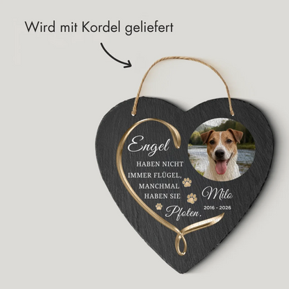 Placa fotográfica de pizarra en forma de corazón personalizada con inscripción y cordón, color pizarra oscuro.