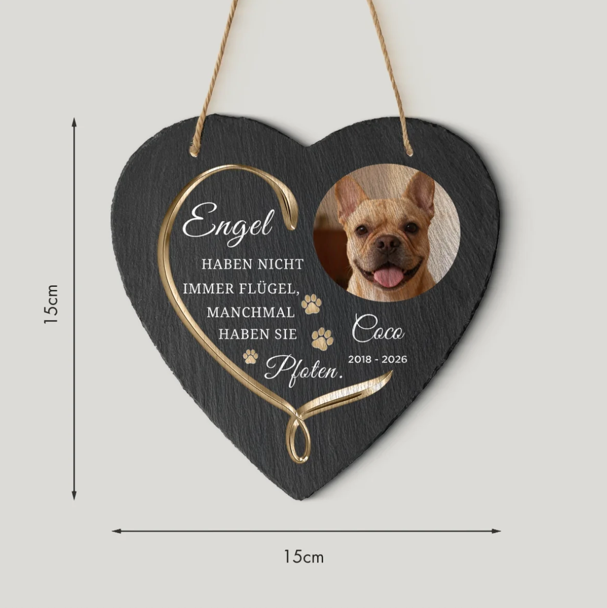 Corazón de pizarra con grabado personal, foto de perro, letras doradas, medidas 15x15 cm.