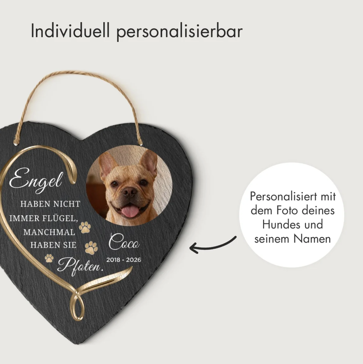 Corazón de pizarra grabado, personalizable con foto de perro y nombre, gris oscuro.