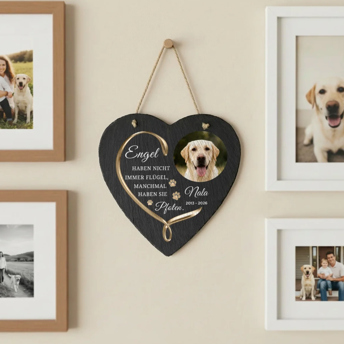Corazón de pizarra personalizado con fondo negro y foto de un perro.