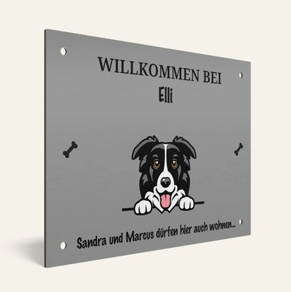 Cartel de puerta de metal plateado personalizado con motivo de perro y nombre.