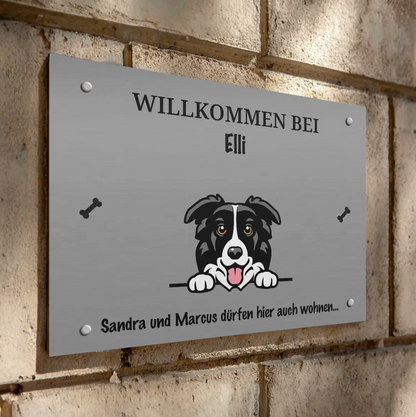 Cartel de puerta de metal personalizado con motivo de perro y el nombre Elli, gris con letras negras.