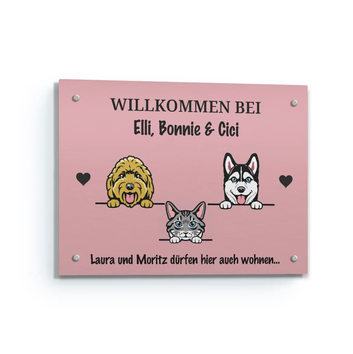 Cartel de puerta de madera rosa personalizable con ilustraciones de mascotas y texto.
