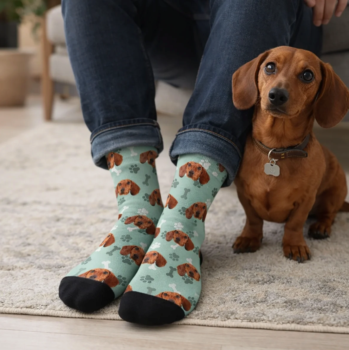 Calcetines personalizados verde menta con motivo de perro y pie negro, llevados por una persona. Un perro sentado al lado.