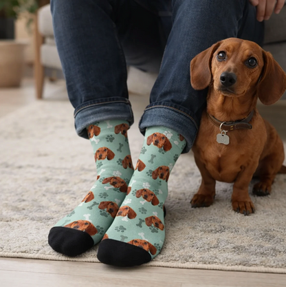 Calcetines personalizados verde menta con motivo de perro y pie negro, llevados por una persona. Un perro sentado al lado.