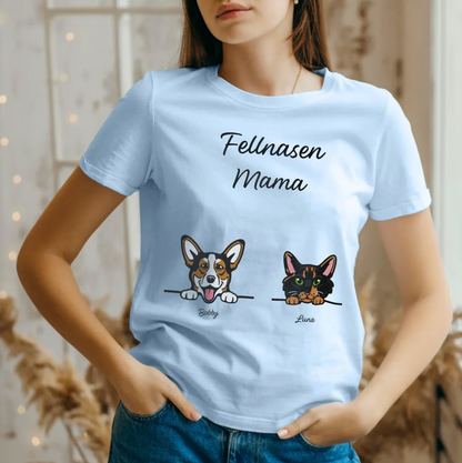 Camiseta azul para padres de mascotas con motivo de corgi y gato y el texto "Fellnasen Mama".
