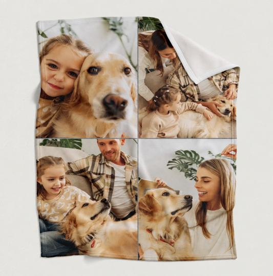 Manta para mascotas personalizada con fotos de un perro y una familia en cuatro imágenes cuadradas.