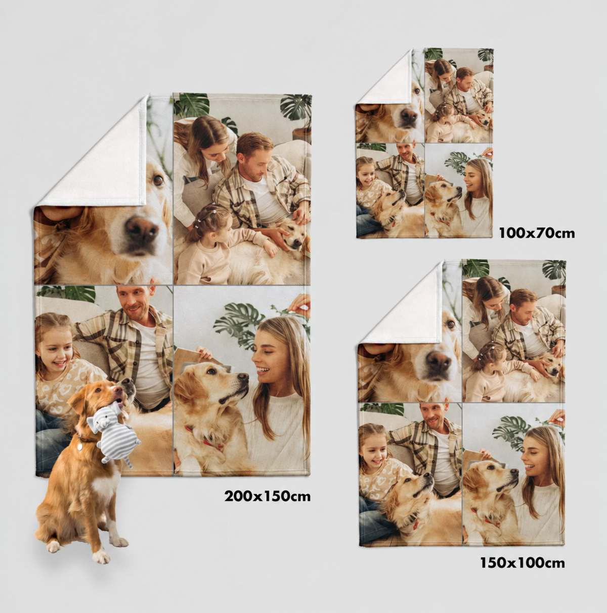 Manta para mascotas personalizada en varios tamaños con fotos de la familia y el perro, material suave.