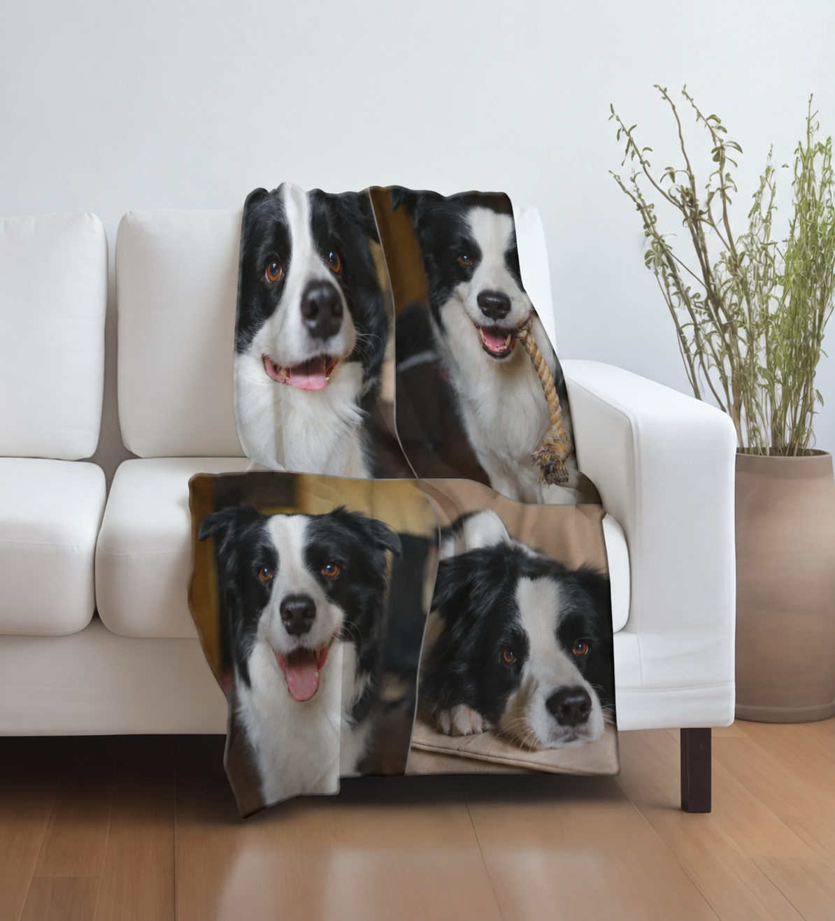 Manta para mascotas personalizada con fotos de perros blancos y negros en un sofá blanco.
