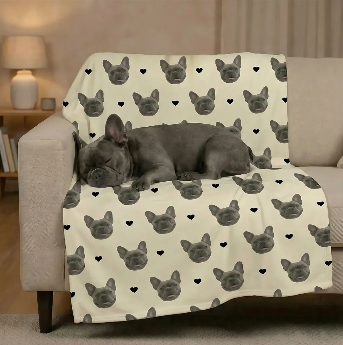 Manta personalizada con cabezas de mascotas sobre fondo beige, perro relajado encima.
