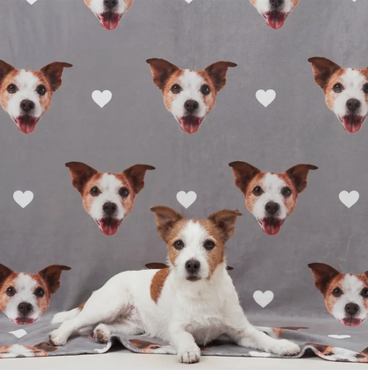 Manta para mascotas gris personalizada con cabezas de perros y corazones, animal tumbado en primer plano.