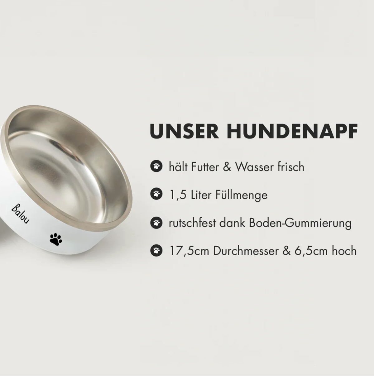 Comedero personalizado de acero inoxidable con borde blanco e impresión negra, capacidad de 1,5 litros.