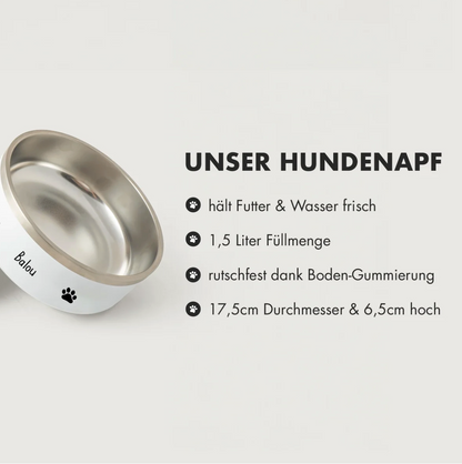 Comedero personalizado de acero inoxidable con borde blanco e impresión negra, capacidad de 1,5 litros.